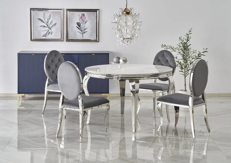 Обідній стіл HALMAR REGINALD 120 см, стільниця - білий мармур, ніжки - срібло фото №2