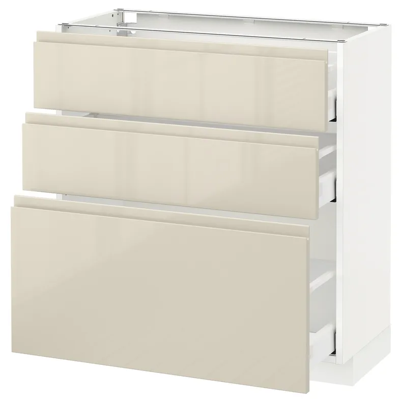 IKEA METOD МЕТОД / MAXIMERA МАКСИМЕРА, напольный шкаф с 3 ящиками, белый / светло-бежевый глянцевый Voxtorp, 80x37 см 091.435.18 фото №1