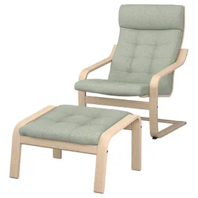 IKEA POÄNG ПОЭНГ, кресло с табуретом для ног, Шпон дуба, окрашенный в белый / светло-зеленый цвет 695.019.38 фото