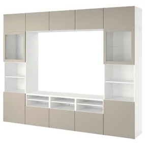 IKEA BESTÅ БЕСТО, комбинация для ТВ / стеклянные дверцы, белый Sindvik / Lappviken светло-серый / бежевый, 300x42x231 см 194.213.74 фото