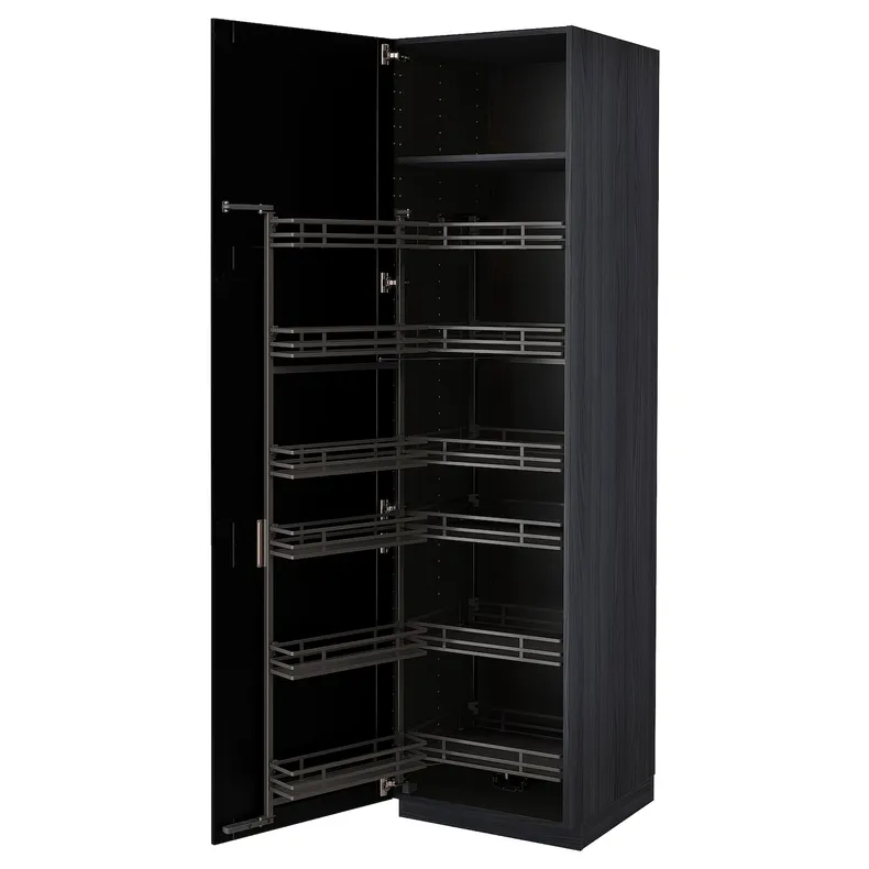 IKEA METOD МЕТОД, высокий шкаф с выдвижным модулем, черный / Лерхиттан с черными пятнами, 60x60x220 см 894.721.38 фото №1