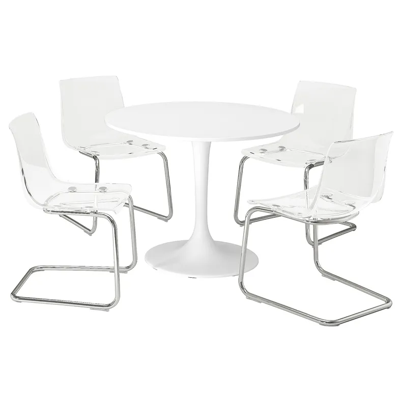IKEA DOCKSTA ДОКСТА / TOBIAS ТОБІАС, стіл+4 стільці, білий білий / прозорий хромований, 103 см 494.834.31 фото №1
