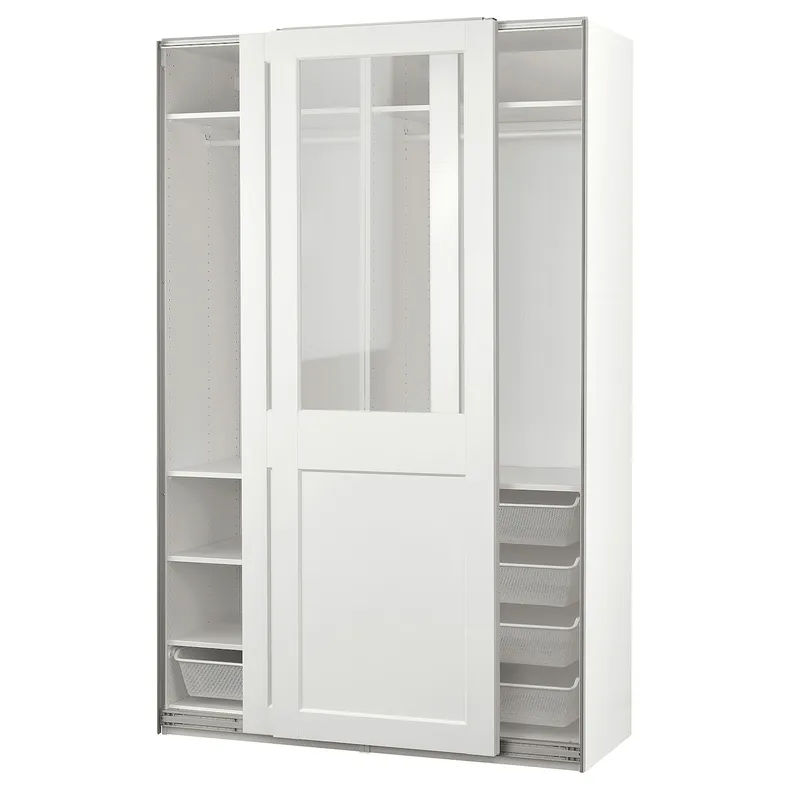 IKEA PAX ПАКС / GRIMO ГРИМО, гардероб с раздвижными дверьми, белый / прозрачное стекло белый, 150x66x236 см 195.022.71 фото №1