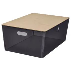 IKEA KUGGIS КУГГІС, коробка з кришкою, прозорий чорний / бамбук, 37x54x21 см 295.613.02 фото