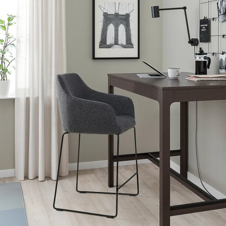 IKEA TOSSBERG ТОССБЕРГ, барний стілець зі спинкою, чорний металл / темно-сірий Gunnared 005.682.38 фото №4