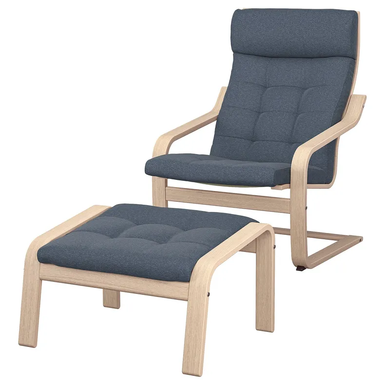 IKEA POÄNG ПОЕНГ, крісло та підставка для ніг, Шпон дуба тонований білий / Gunnared blue 795.021.93 фото №1