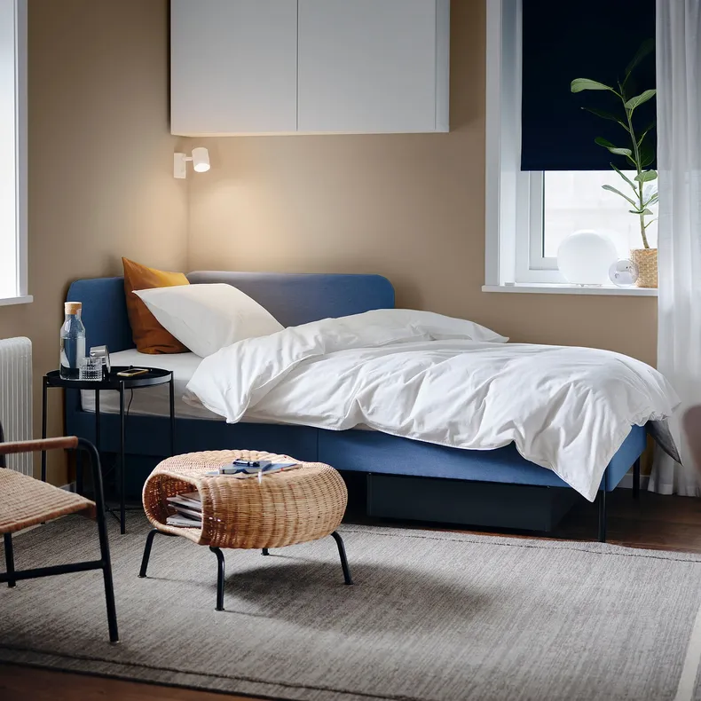 IKEA BLÅKULLEN БЛОКУЛЛЕН, карк ліжка з оббивкою+кут узголів'я, КНІСА класичний синій, 90x200 см 105.057.16 фото №5