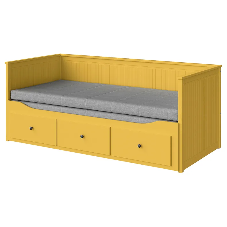 IKEA HEMNES ХЕМНЕС, кушетка, 3 шухляди/2 матраци, жовтий/ОГОТНЕС жорсткий, 80x200 см 695.598.68 фото №1