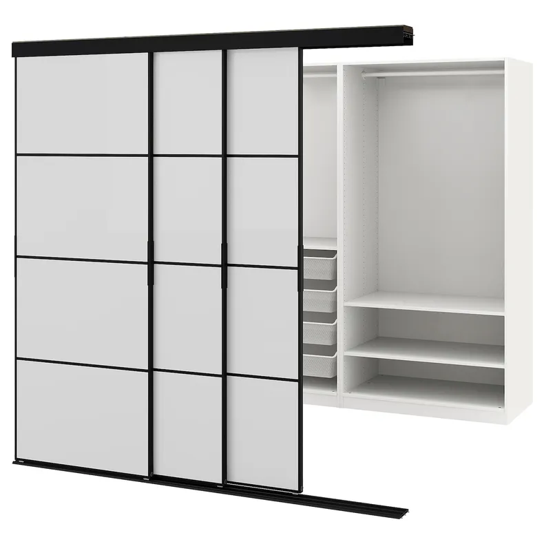 IKEA SKYTTA СКЮТТА / PAX ПАКС, гардеробная с раздвижными дверями, черный / Хокксунд светло-серый глянцевый, 226x160x205 см 295.281.38 фото №1