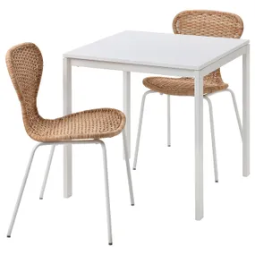IKEA MELLTORP МЕЛЬТОРП / ÄLVSTA ЭЛЬВСТА, стол и 2 стула, белый белый / ротанг белый, 75x75 см 194.907.63 фото