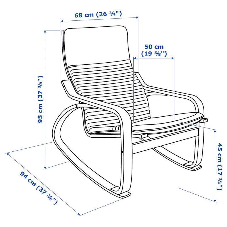 IKEA POÄNG ПОЭНГ, кресло-качалка, Шпон дуба, окрашенный в белый / черный цвет 494.292.41 фото №5