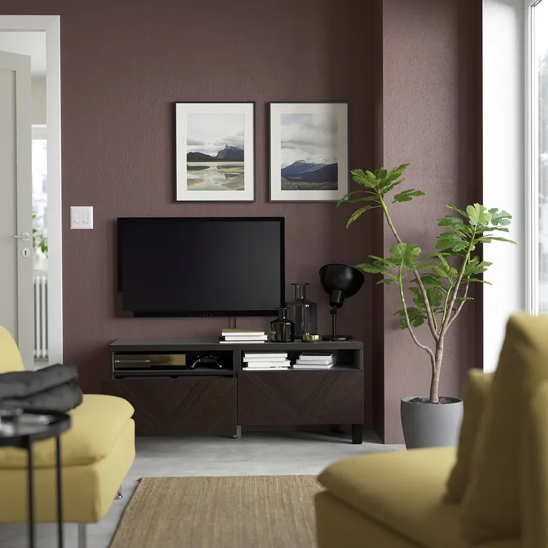 IKEA BESTÅ БЕСТО, тумба для телевізора з шухлядами, чорний / коричневий шпон дуба Hedeviken / Stubbarp / темно-коричневий морений дуб, 120x42x48 см 394.358.55 фото №2