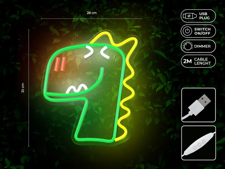 BRW Дитячий неоновий настінний світильник Dino LED зелений 093804 фото №3