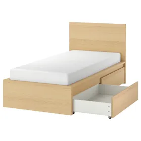 IKEA MALM МАЛЬМ, каркас кровати и 2 кроватных ящика, дубовый шпон, беленый, 90x200 см фото