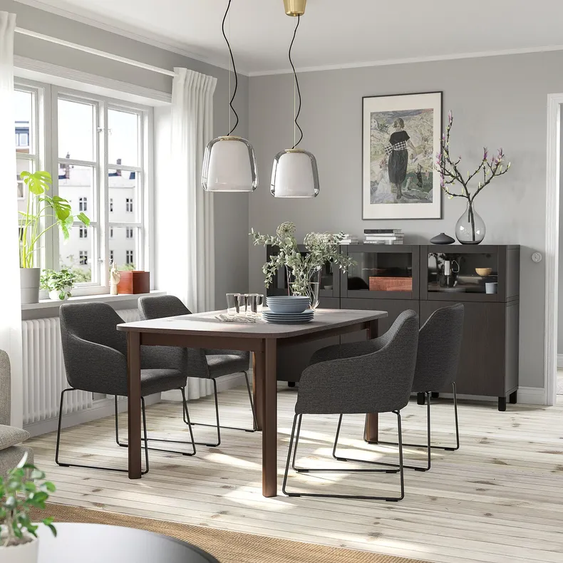 IKEA STRANDTORP СТРАНДТОРП / TOSSBERG ТОССБЕРГ, стіл+4 стільці, коричневий / чорний металік / сірий, 150 / 205 / 260x95 см 194.410.27 фото №2