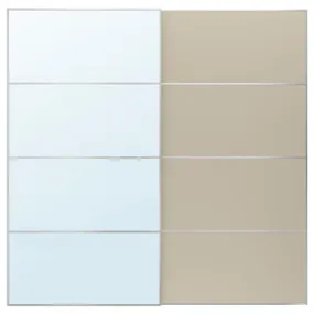 IKEA AULI АУЛІ / MEHAMN МЕХАМН, розсувні дверцята, 2 шт., алюмінієве дзеркало/2шт сіро-бежеве, 200x201 см 495.605.75 фото