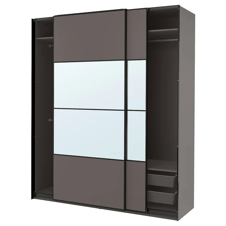 IKEA PAX ПАКС / MEHAMN / AULI МЕХАМН / АУЛІ, гардероб із розсувними дверцятами, темно-сірий 2шт / темно-сіре дзеркало, 200x66x236 см 195.613.69 фото №1