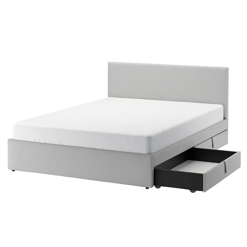 IKEA GLADSTAD ГЛАДСТАД, кровать с обивкой,4 кроватных ящика, Кабуса светло-серый, 160x200 см 594.070.12 фото №1