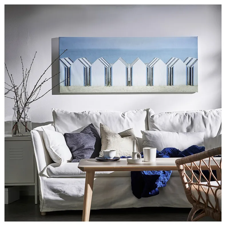 IKEA BJÖRKSTA БЬЙОРКСТА, картина з рамкою, пляжні котеджі / срібло, 140x56 см 595.089.21 фото №3