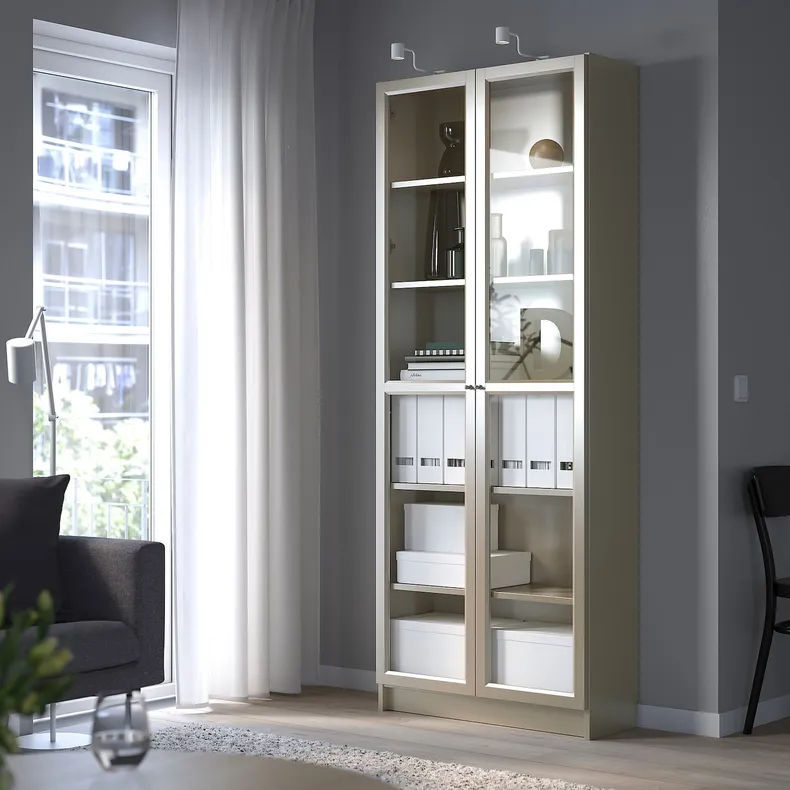 IKEA BILLY БИЛЛИ, шкаф книжный со стеклянными дверьми, серый / металлический эффект, 80x30x202 см 004.156.03 фото №3