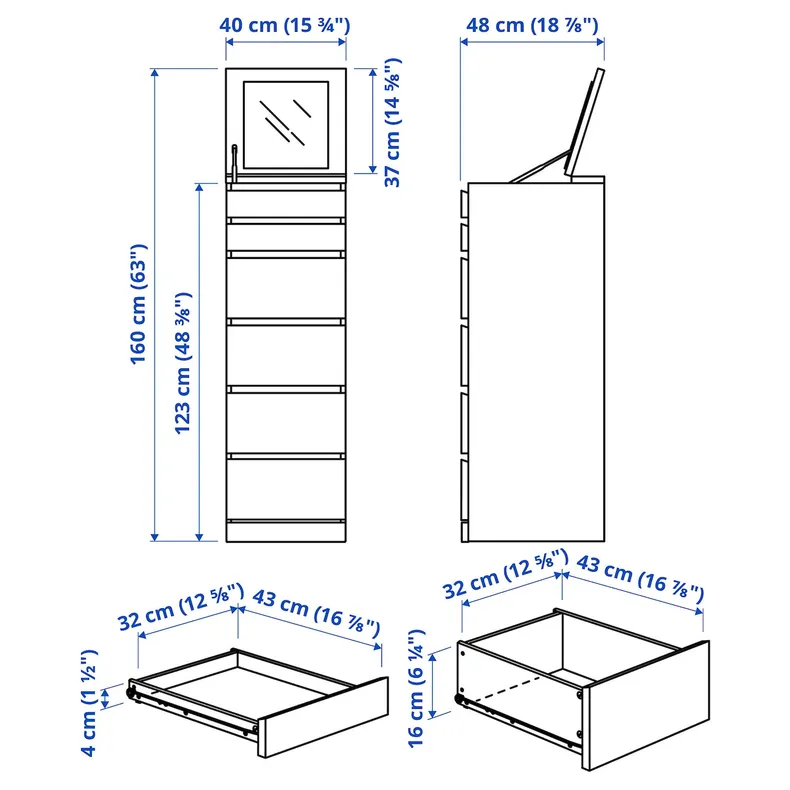 IKEA MALM МАЛЬМ, комод с 6 ящиками, Шпон дуба, окрашенный в белый / мирроуд, 40x123 см 204.035.95 фото №7