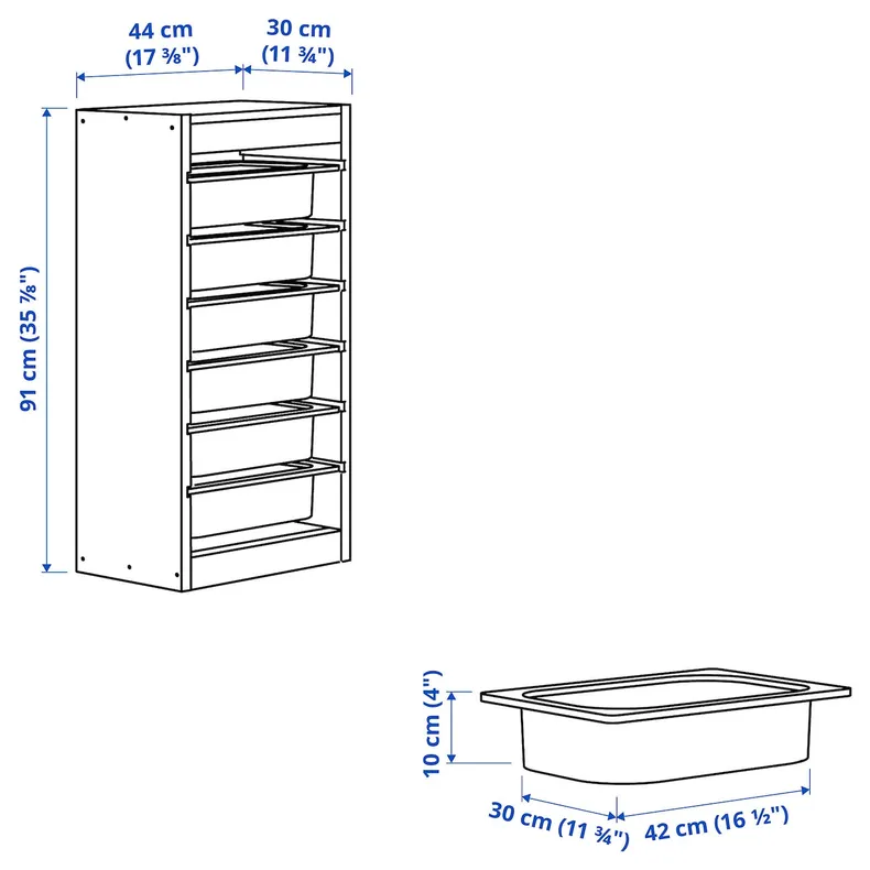 IKEA TROFAST ТРУФАСТ, комбинация д / хранения+контейнеры, Светлая сосна, окрашенная в белый зеленый / серый / синий цвет, 44x30x91 см 294.774.88 фото №5