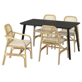 IKEA LISABO ЛИСАБО / SALNÖ САЛЬНО, стол+4 стула с подлокотниками, черный ротанг / натуральный ротанг 495.646.15 фото