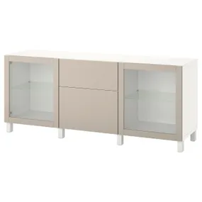 IKEA BESTÅ БЕСТО, комбинация для хранения с ящиками, белый Lappviken / Stubbarp / светло-серый бежевый прозрачное стекло, 180x42x74 см 894.219.45 фото