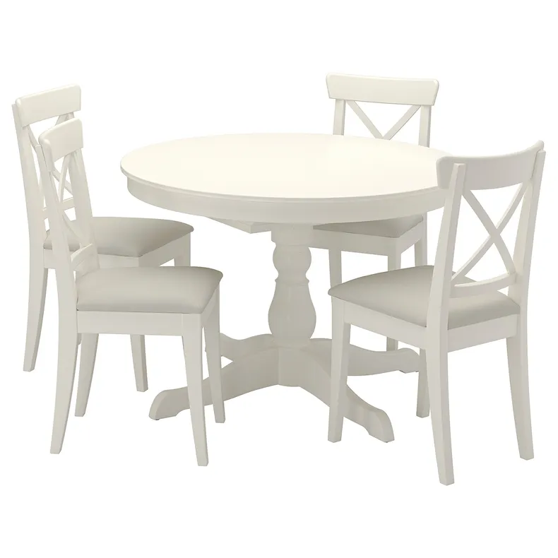 IKEA INGATORP ІНГАТОРП / INGOLF ІНГОЛЬФ, стіл+4 стільці, білий / бежевий галантерейний, 110 / 155 см 394.826.96 фото №1