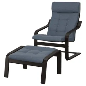 IKEA POÄNG ПОЕНГ, крісло та підставка для ніг, чорний / коричневий / синій Gunnared 995.021.92 фото