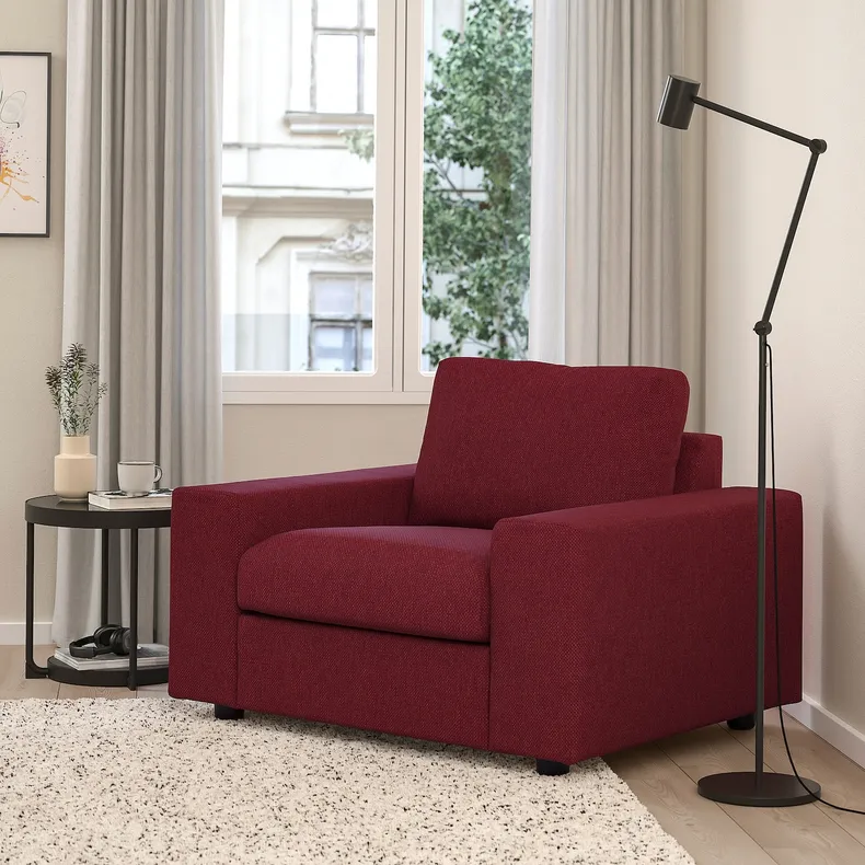 IKEA VIMLE ВИМЛЕ, кресло, с широкими подлокотниками/Lejde красный/коричневый 894.768.72 фото №2