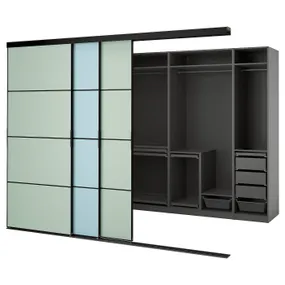 IKEA SKYTTA СКЮТТА / PAX ПАКС, гардероб із розсувними дверцятами, чорний темно-сірий / мехемний світло-блакитний / салатовий, 301x160x240 см 395.525.33 фото