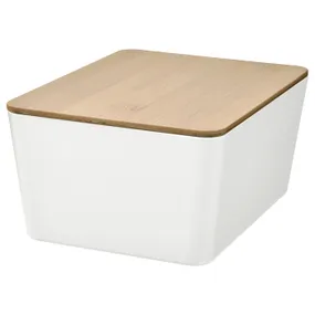 IKEA KUGGIS КУГГІС, коробка з кришкою, білий / бамбук, 13x18x8 см 695.612.82 фото