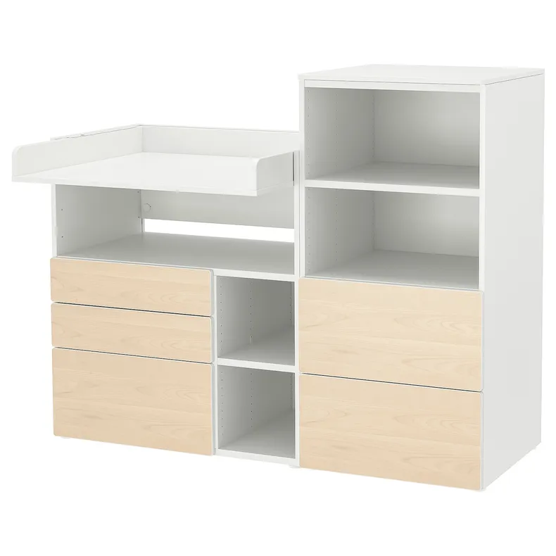 IKEA SMÅSTAD СМОСТАД / PLATSA ПЛАТСА, пеленальний стіл, біла береза з книжковою шафою, 150x79x123 см 794.839.29 фото №1