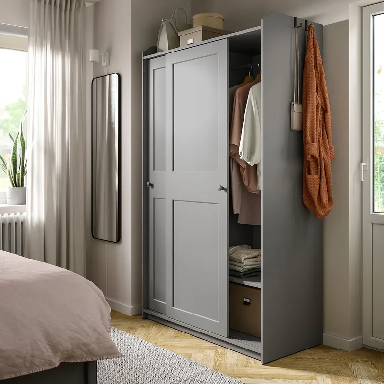 IKEA HAUGA ХАУГА, гардероб с раздвижными дверями, серый, 118x55x199 см 604.072.71 фото №2