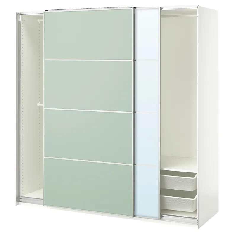 IKEA PAX ПАКС / MEHAMN / AULI МЕХАМН / АУЛІ, гардероб із розсувними дверцятами, біле дзеркало 2шт / салатовий колір, 200x66x201 см 695.517.30 фото №1
