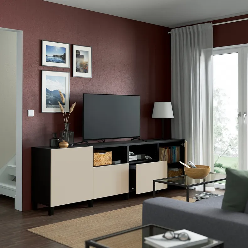 IKEA BESTÅ БЕСТО, тумба для телевізора з дверц й шухл, чорний/коричневий/Lappviken/Stubbarp світло-сірий/бежевий, 240x42x74 см 694.216.30 фото №2
