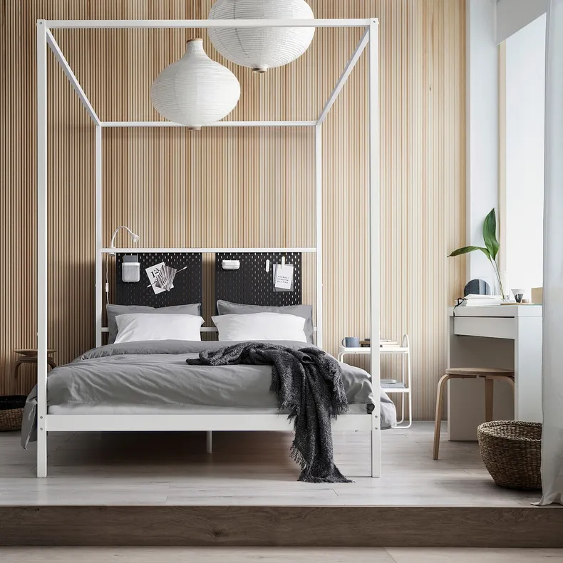 IKEA VITARNA ВИТАРНА, каркас кровати с 4-х стойками, белый Luröy/Skådis черный, 140x200 см 395.562.58 фото №4