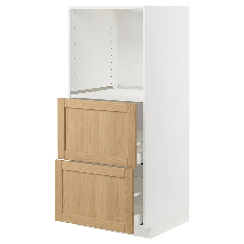 IKEA METOD МЕТОД / MAXIMERA МАКСІМЕРА, висока шафа, 2 шухляди для духовки, білий / ФОРСБАККА дуб, 60x60x140 см 795.095.33 фото №1