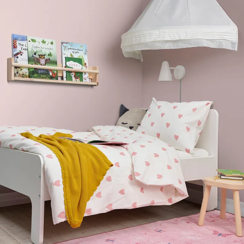 IKEA BARNDRÖM БАРНДРЁМ, пододеяльник и наволочка, рисунок сердца белый / розовый, 150x200 / 50x60 см 605.043.66 фото №3