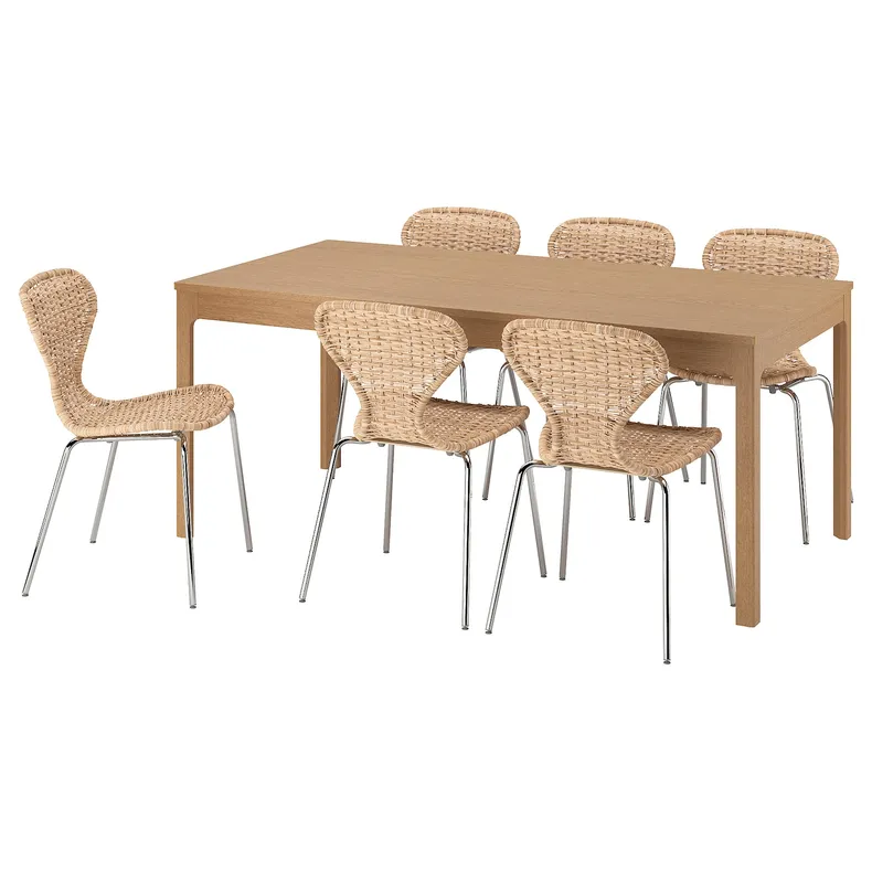 IKEA EKEDALEN ЭКЕДАЛЕН / ÄLVSTA ЭЛЬВСТА, стол и 6 стульев, дуб / ротанг хром, 180 / 240 см 995.712.27 фото №1