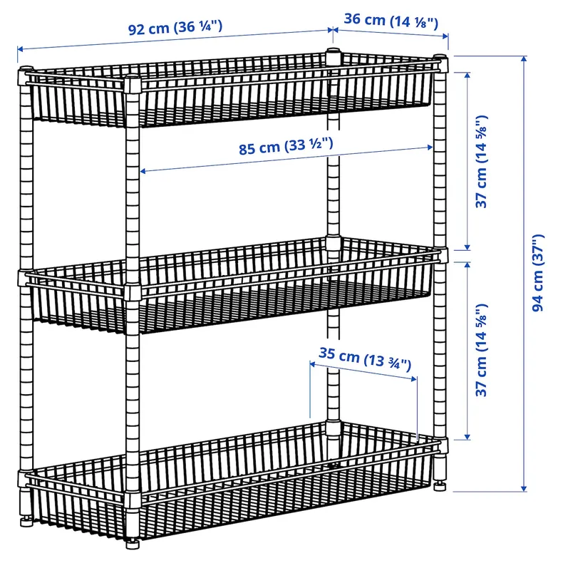 IKEA OMAR ОМАР, стеллаж с 3 корзинами, оцинкованный, 92x36x94 см 804.830.75 фото №5