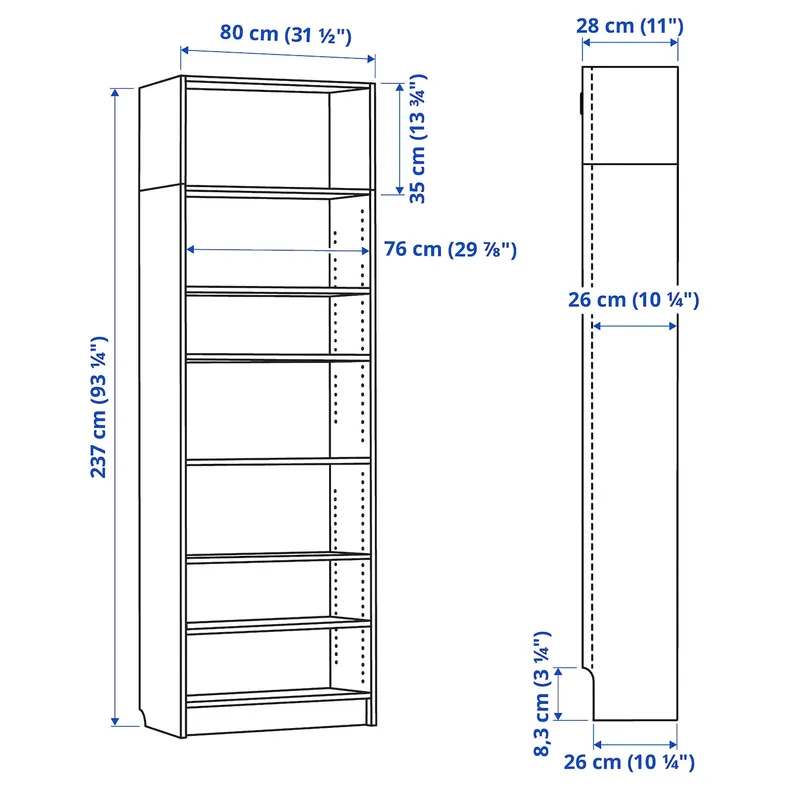 IKEA BILLY БИЛЛИ, стеллаж с верхней полкой, темно-коричневая имитация дуб, 80x28x237 см 295.818.85 фото №4