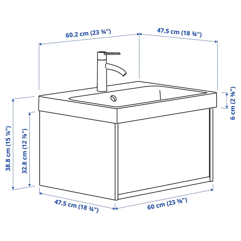 IKEA ÄNGSJÖN ЭНГШЁН / BACKSJÖN БАККШЁН, шкаф с ящиком / раковина / смеситель, белый глянец, 60x48x39 см 895.140.20 фото №5