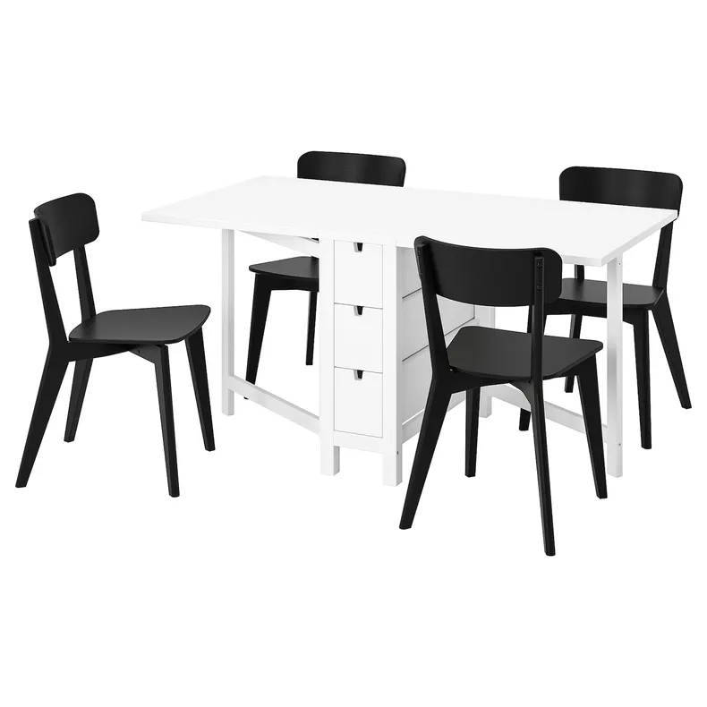 IKEA NORDEN НОРДЕН / LISABO ЛІСАБО, стіл+4 стільці, білий / чорний, 26 / 89 / 152 см 393.855.39 фото №1