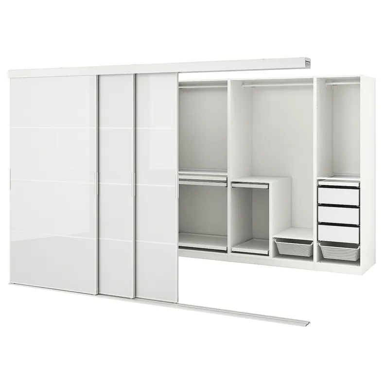 IKEA SKYTTA СКЮТТА / PAX ПАКС, гардеробная с раздвижными дверями, белый Хокксунд / светло-серый глянец, 301x160x205 см 095.230.09 фото №1