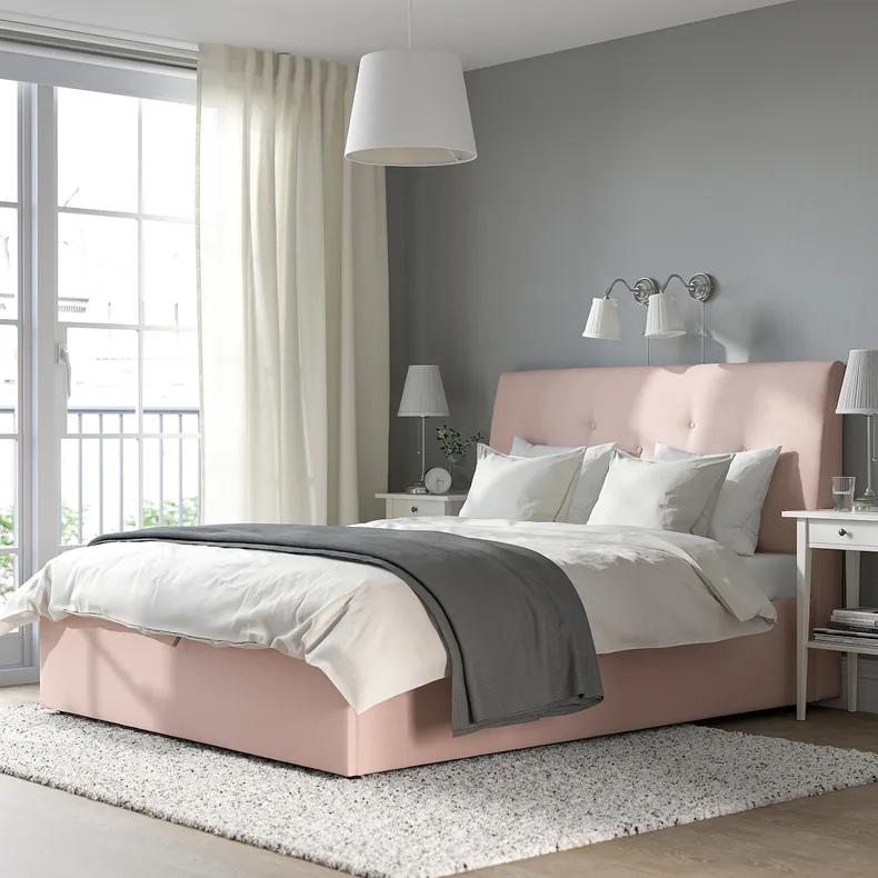 IKEA IDANÄS ІДАНЕС, ліжко з підіймальн механізм і оббив, Gunnared блідо-рожевий, 160x200 см 504.589.73 фото №3