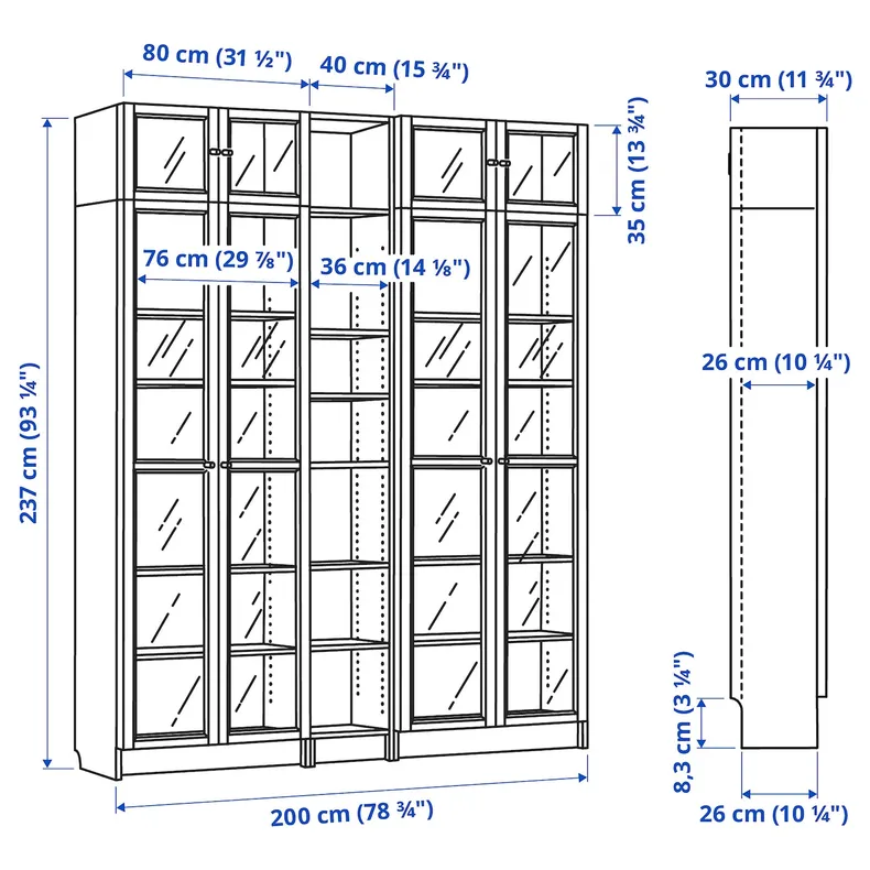 IKEA BILLY БІЛЛІ / OXBERG ОКСБЕРГ, книжк шафа зі склян двер/дод модул, імітувати. дуб, 200x30x237 см 595.819.02 фото №5