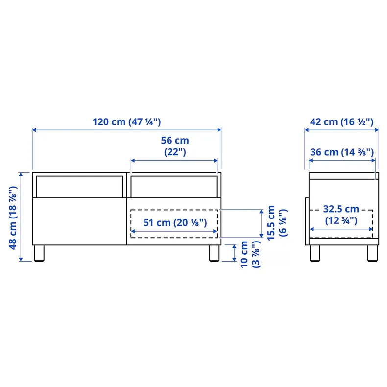 IKEA BESTÅ БЕСТО, тумба под ТВ, с ящиками, на ножках, белая / Studsviken / Stubbarp белый, 120x42x48 см 994.199.99 фото №9