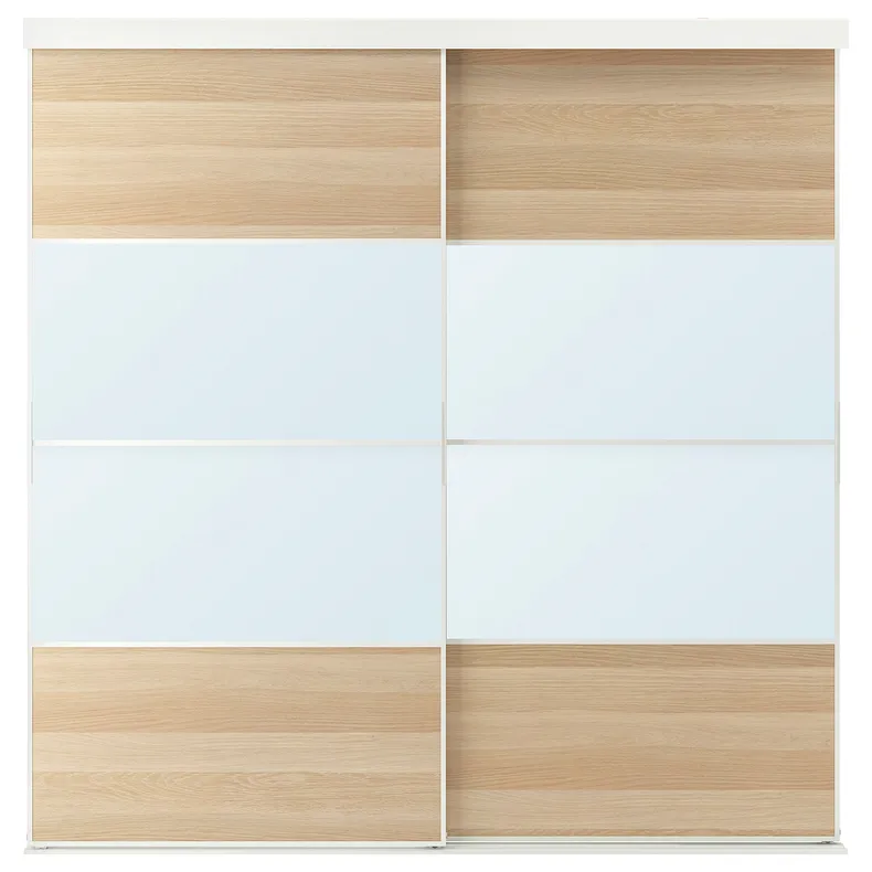 IKEA SKYTTA СКЮТТА / MEHAMN/AULI МЕХАМН/АУЛІ, комбінація розсувних дверцят, біле/дубове тоноване біле дзеркало, 202x205 см 395.759.21 фото №1